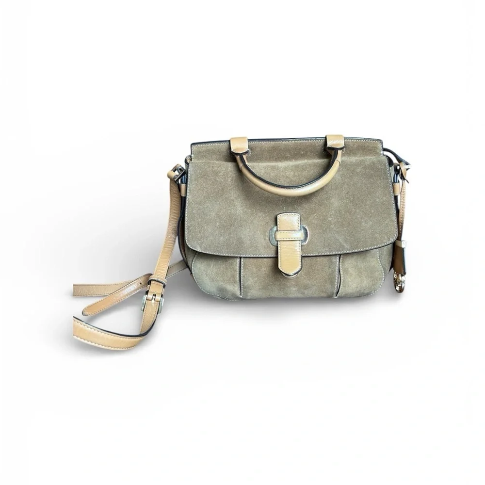 Michael Kors Romy Medium Suede Satchel Crossbody Bag Taupe Tan Leather